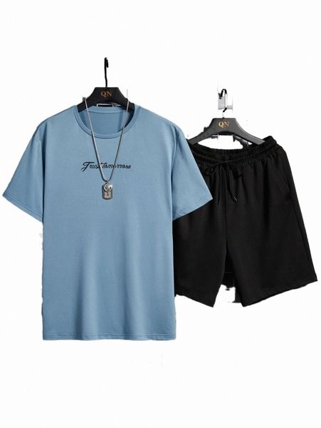 

men letter graphic tee & drawstring waist shorts h6z2#, Gray