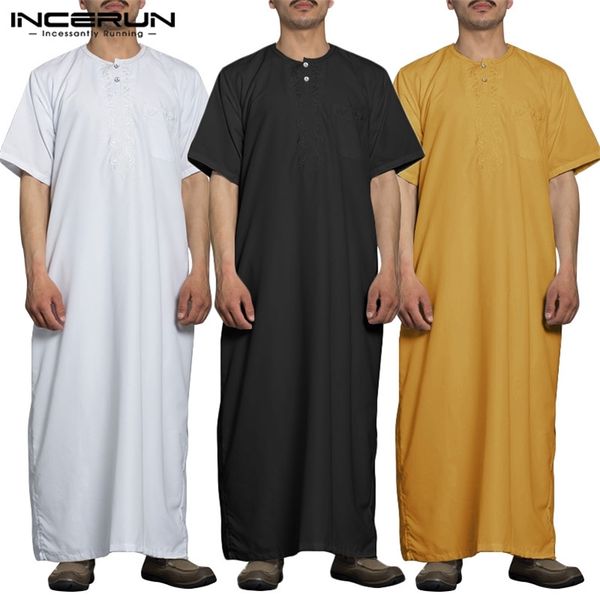 

incerun men fashion robes short sleeve round neck robe man vintage solid color muslim kaftan long shirts casual jubba thobe 220713, Red