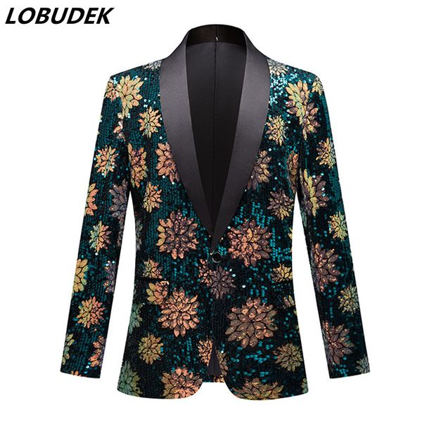 Homens Bordado Lantejoulas Floral Blazers Moda Casamento Banquete Brilhante Terno Casaco Bar Singer Concerto Show Glitter Slim Revestimento Anfitrião Flor Fato de Desempenho do Tuxedo