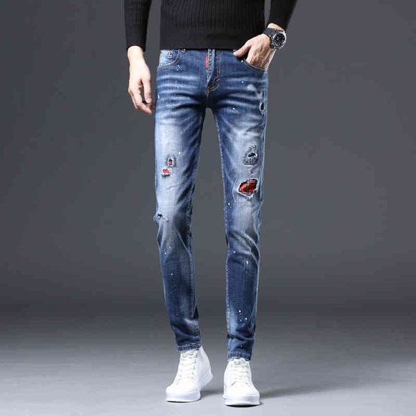 

new splash blue elastic slim leggings youth patch hole jeans men's trousers d19