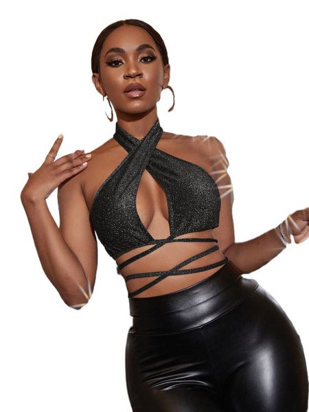 

sxy wrap cross backless crop glitter halter j3yc#, White