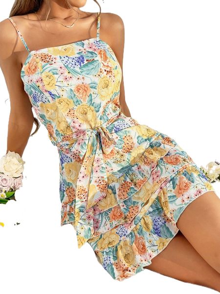 

floral print layered ruffle hem cami dress o1pj#, Black;gray