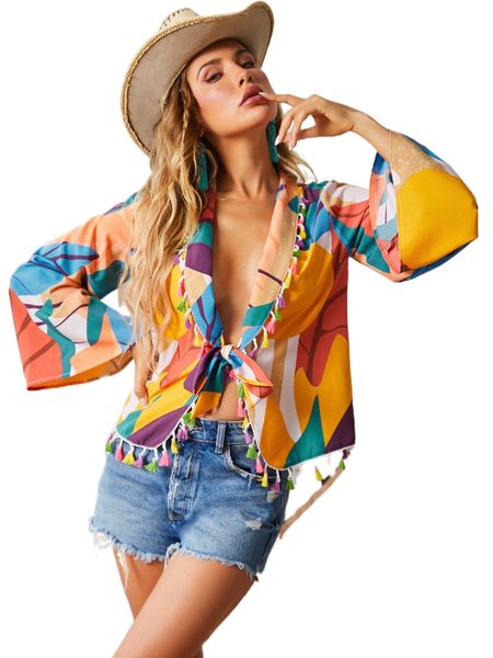 

luukse tie front tassel trim botanical print blouse 662t#, White