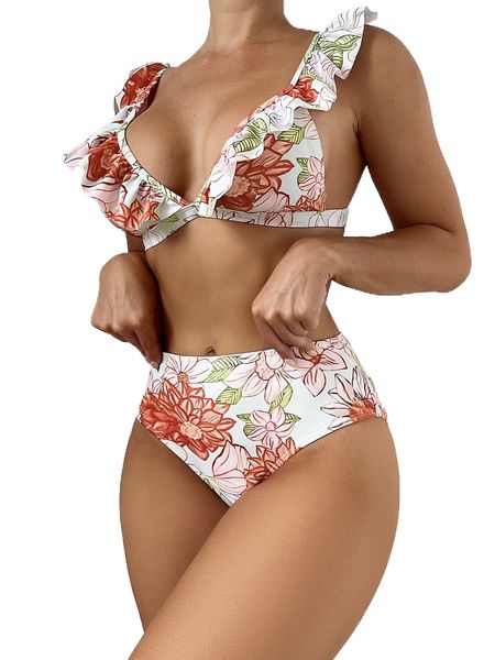 

random floral print ruffle trim bikini swimsuit r5le#, White;black