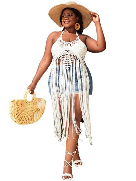 

plus fringe hem tie backless halter cover up without bikini b0rx#, Black