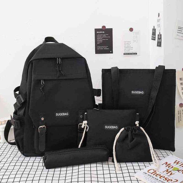 

5 piece set casual backpacks new school bags for teenage girls women backpack canvas travel bookbags teen student shoulder bag aa220316
