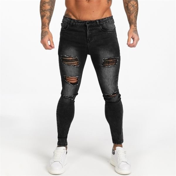 

gingtto dark washed black jeans for men slim fit mens denim jeans casual ripped jeans men elastic waist zm112 t200614, Blue
