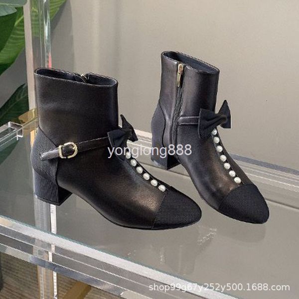 

boots small fragrance high version thick heel short boots autumn and winter female pearl bow color matching temperament naked, Black