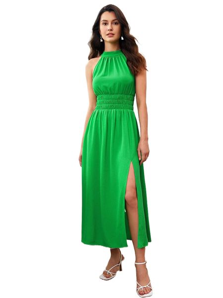 

shirred waist split thigh halter dress 11yi#, Black;gray