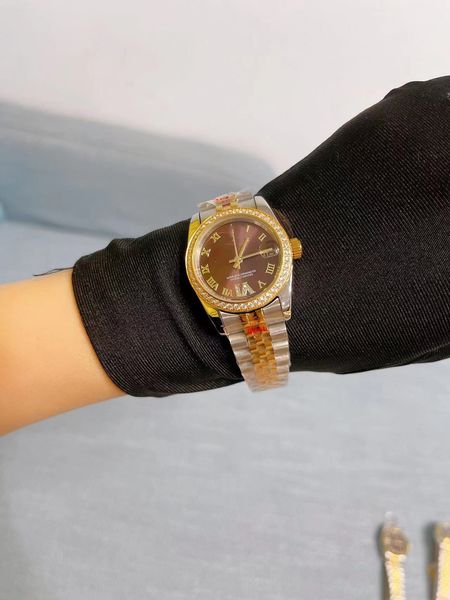 

2022 new ladies watch 31mm size star dial sapphire glass automatic mechanical movement 316 stainless steel strap crystal diamond bezel, Slivery;brown