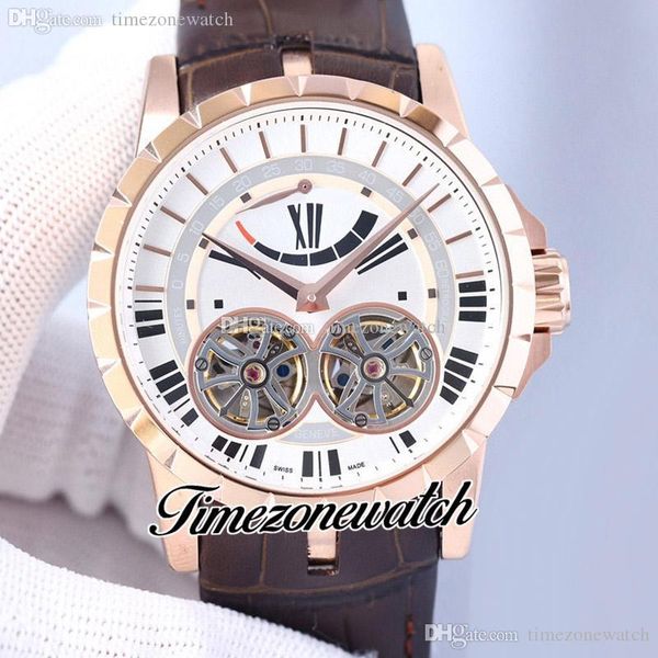 

2022 excalibur 46 double tourbillon automatic mens watch rose gold white dial silver stick markers brown leather strap timezonewatch f10b2, Slivery;brown