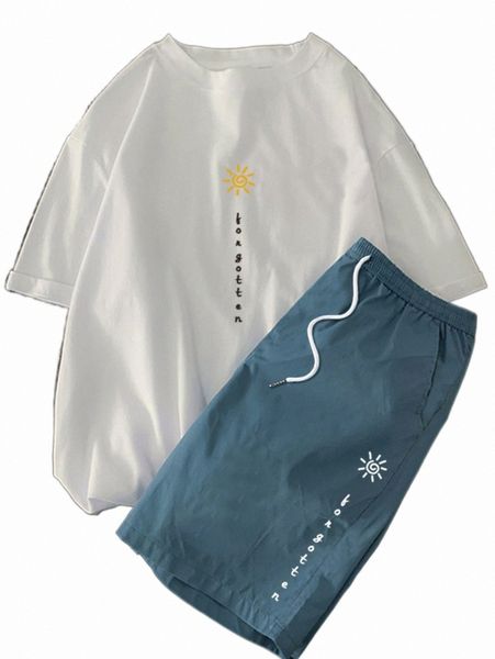 

men sun & letter graphic tee & shorts d9ct#, Gray