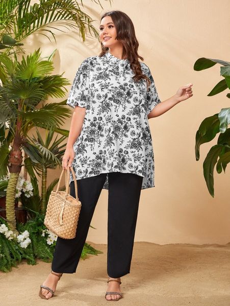 

plus allover floral print drop shoulder & pants q6ku#, Black