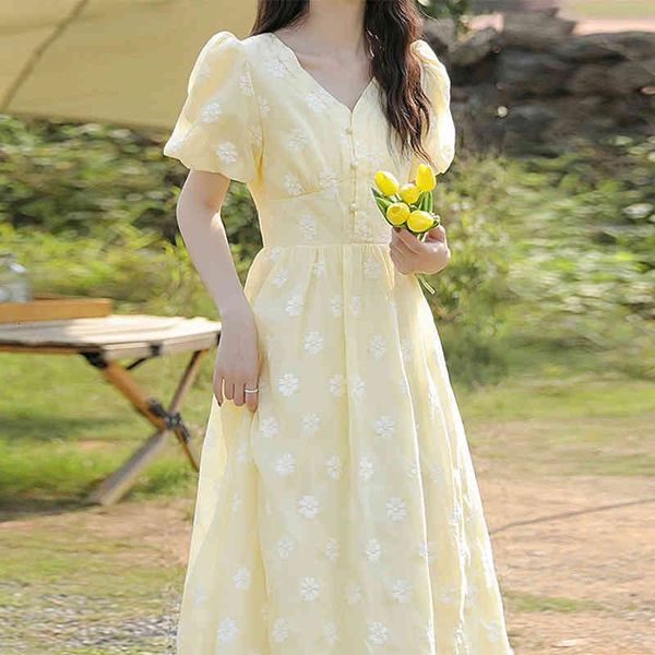 

casual dresses 2022 summer tea break french first love bubble sleeve floral dress women's mori medium long slim skirt szaj, Black;gray