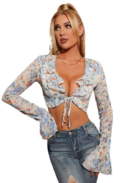 

parthea floral print ruffle trim flounce sleeve knot front crop c0fh#, White