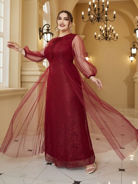 

plus lace insert lantern sleeve tie neck peplum waist mesh dress g1pg#, Black