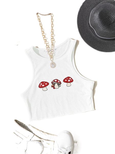 

mushroom print crop tank w755#, White