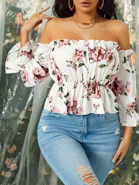 

sxy floral print off shoulder flounce sleeve peplum blouse 41oz#, White