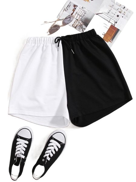 

two tone elastic waist shorts 61b1#, White;black