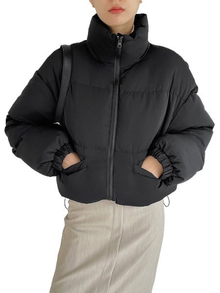 

dazy drop shoulder double pocket drawstring hem puffer coat h1ot#, Black