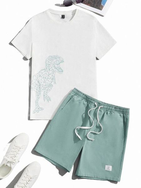 

men dinosaur print tee & patch detail drawstring waist shorts c5gc#, Gray