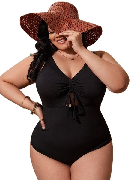 

plus rib tie front one piece swimsuit k2l9#, White;black