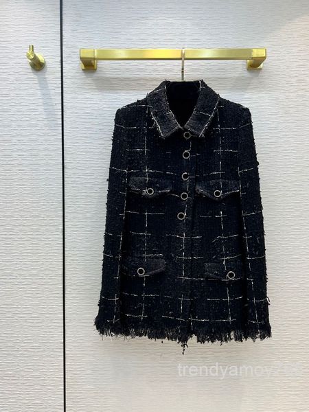 

women's jackets plaid tweed tassel coat temperament celebrity lapel medium length woven spring and autumn women high end, Black;brown
