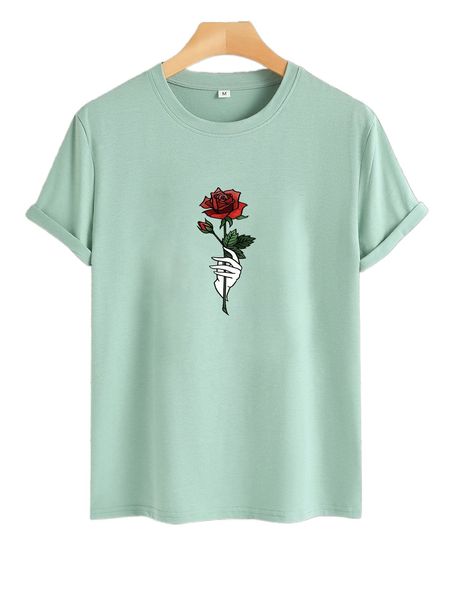 

men gesture & rose print tee r5lm#, White;black