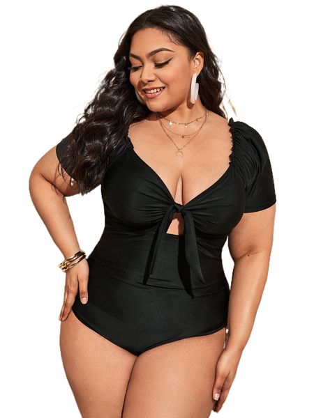

plus plain knot front one piece swimsuit p91k#, White;black