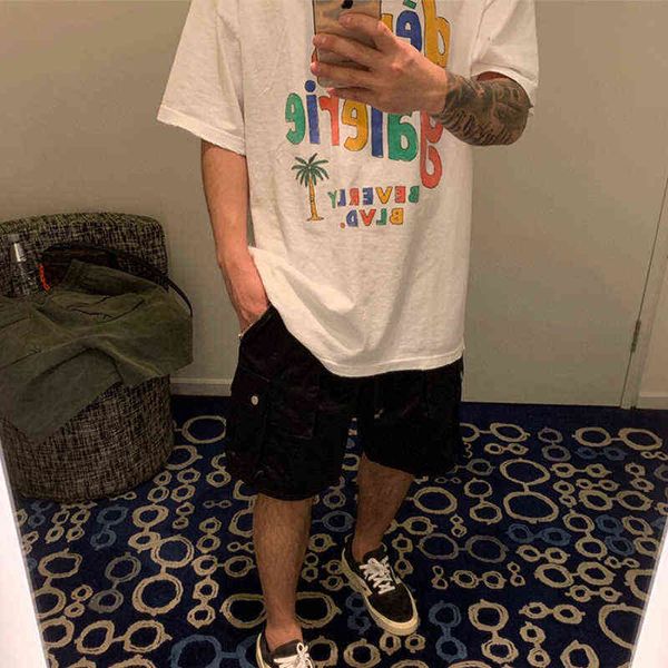 

shirt fashion hip hop painted gary dept short sleeve 22ss fashion brand new ouyang nana same rainbow letter lovers t-shirt men, White;black