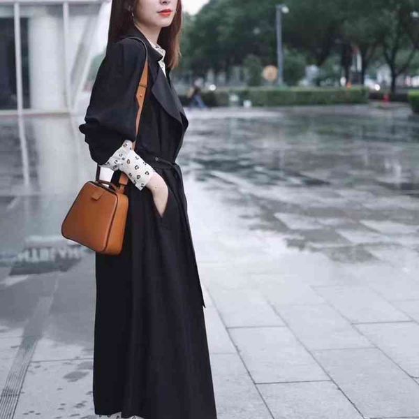

women's trench coats early spring original c silk women's windbreaker plain crepe satin long coat, Tan;black