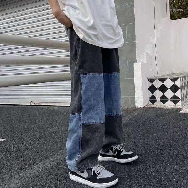 Jeans masculinos 2022 streetwear patchwork homens / mulheres retro largo perna reta calças jeans homem lavado Calças casais