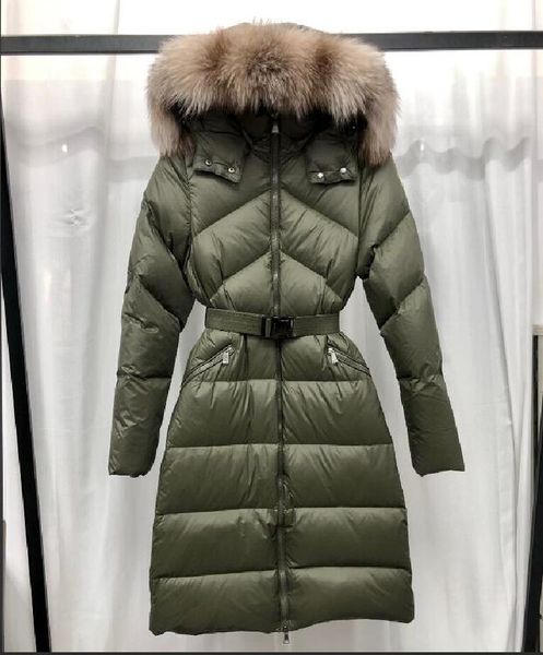 

europe designer down jackets women duck down x-long parkas goose with belt hoody white label coat hooded big fox fur parka warm clothes blac, Black