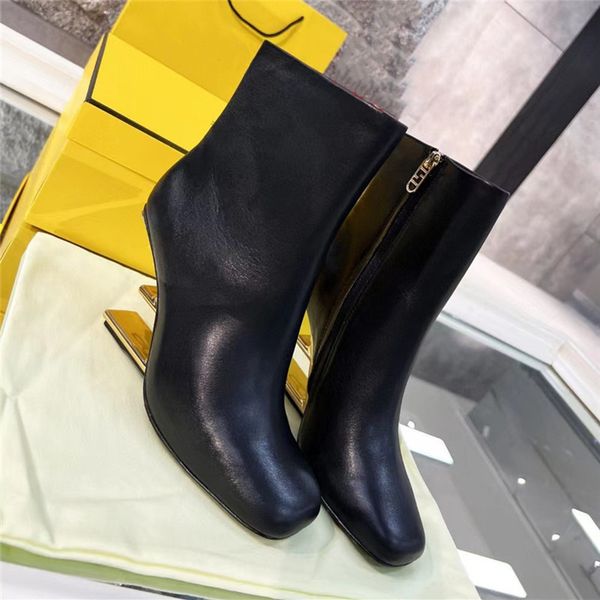 

black sculpted high-heeled ankle boots metallic high heels square toes side zip calfskin leather outsole booties for women luxury designer s