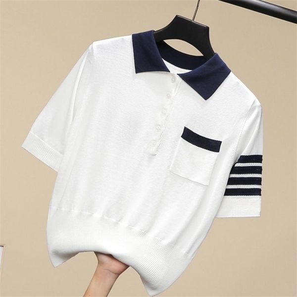 

new ice silk knitted t-shirt female back pattern casual waist closing lapel tide summer, White