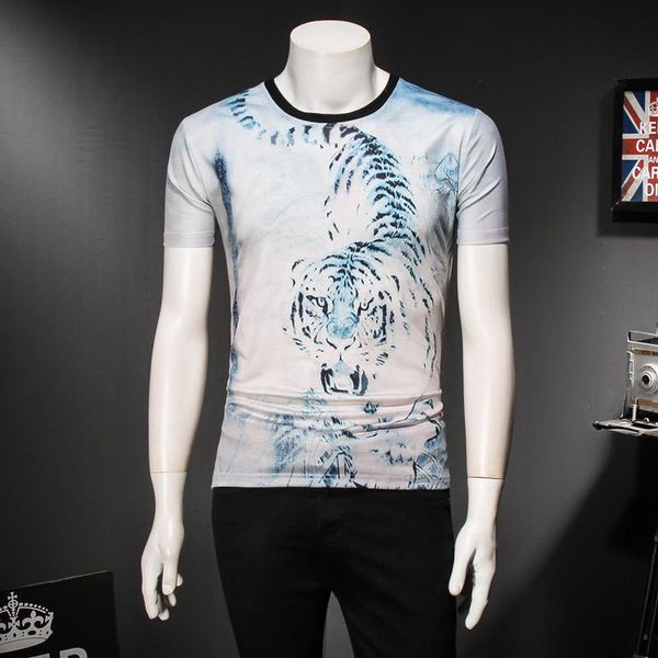 Camisetas masculinas Tiger Pattern D Impressão digital Funny Short Sleeve Camise