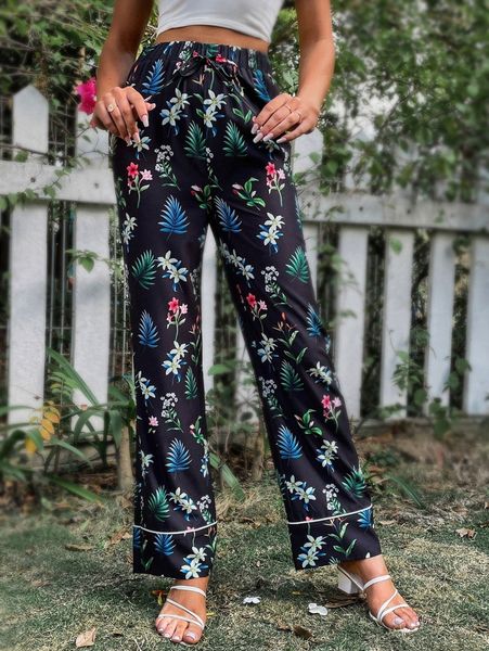 

floral print drawstring waist pants u4hp#, Black;white