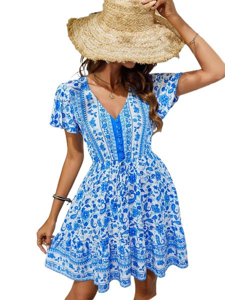 

floral and paisley print ruffle trim button front dress m4jb#, Black;gray