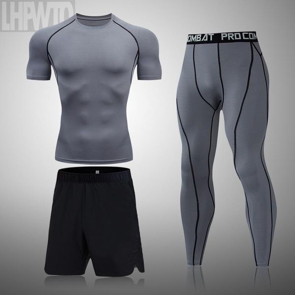 

running sets men's sportswear suit gym tights training clothing for men workout jogging compression sports 3pcs/set fitness tracksuit, Black;blue