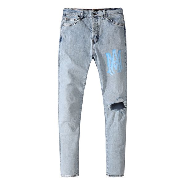 

jeans men designer pants for middle waist long elasticity paint off beggar printing cotton blue slim feet hand drawn high street style hole