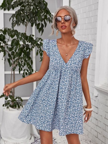 

ruffle armhole ditsy floral dress d1rm#, Black;gray