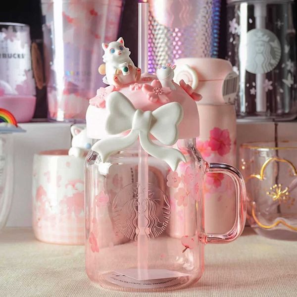 

starbucks 2020 cherry blossom cat pink mason glass straw cup creative large capacity heat-resistant coffee cup with cover
