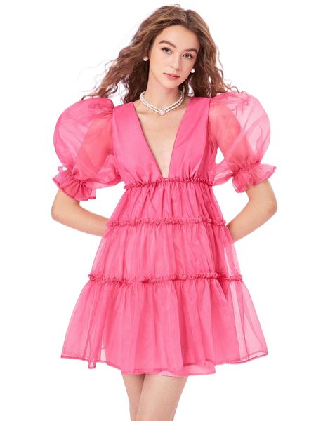 

mod puff sleeve plunging neck ruffle hem organza dress 05dm#, Black;gray