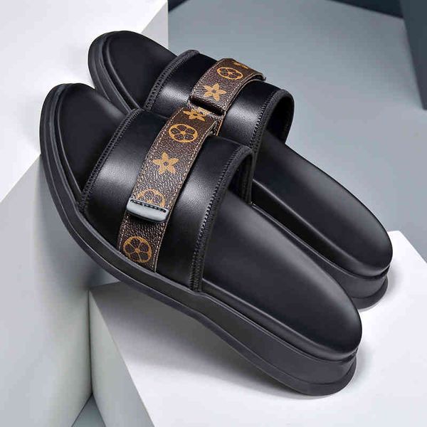 

summer new leather youth one line sandals men's casual 2022 brand luxury fashion design ladies slippers, Black