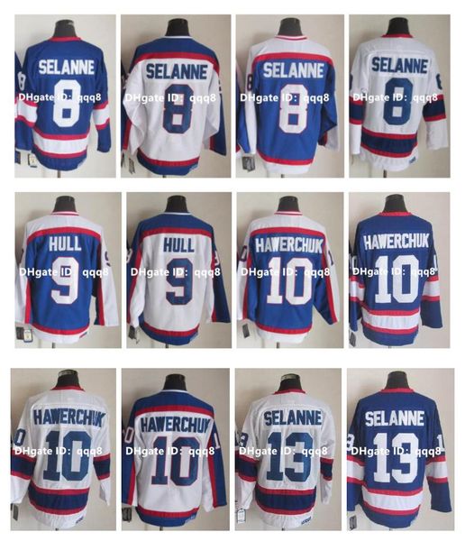 

vintage hockey jersey 13 teemu selanne 10 dale hawerchuk 9 bobby hull 8 teemu selanne 16 laurie boschman white blue ccm retro, Black;red
