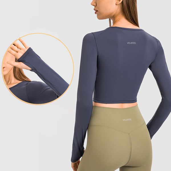 2024 Lu Lu Lemens Neue Produkte für Herbst und Winter Stretch Slim Yoga Outfits Tops hautfreundliches Nude-Feeling Netzrot einfarbiges Langarm-T-Shirt für Damen