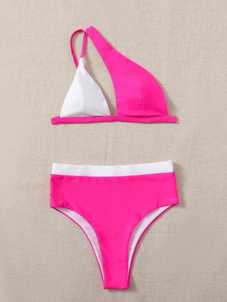 

color block one shoulder bikini swimsuit c2kh#, White;black