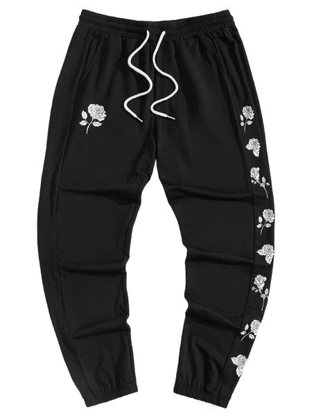 

men floral print drawstring waist sweatpants y3cr#, Black