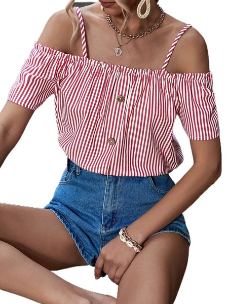 

striped print cold shoulder blouse j6hi#, White