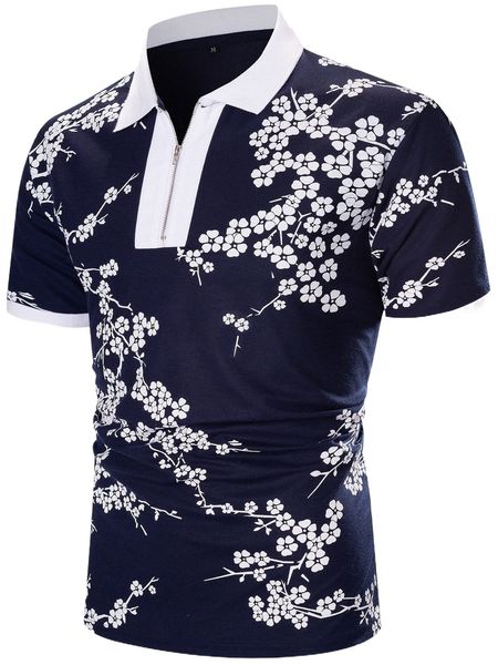 

men floral print half zipper polo shirt 64kv#, White;black